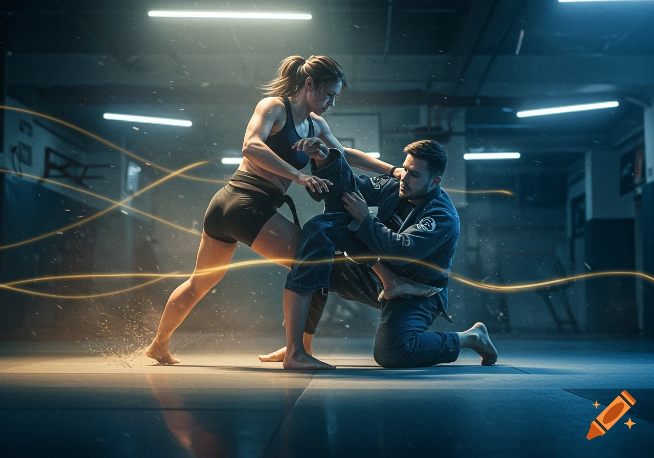 A man and woman practicing Brazilian Jiu-Jitsu in a gym, with the woman executing a shrimping movement.