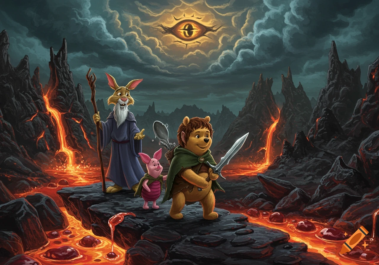 Winnie the Pooh, Piglet, and Rabbit, dressed as Lord of the Rings characters, journey through a dark, lava-filled land under a sky with the Eye of Sauron.