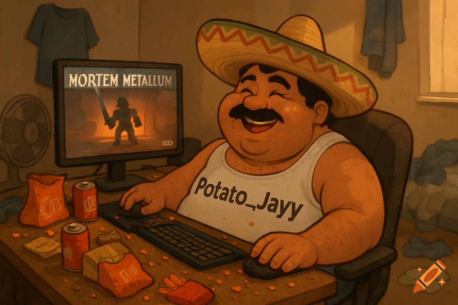 A cartoon illustration of an overweight man in a sombrero and white tank top, smiling while playing a video game on a monitor, surrounded by snacks and a messy room.