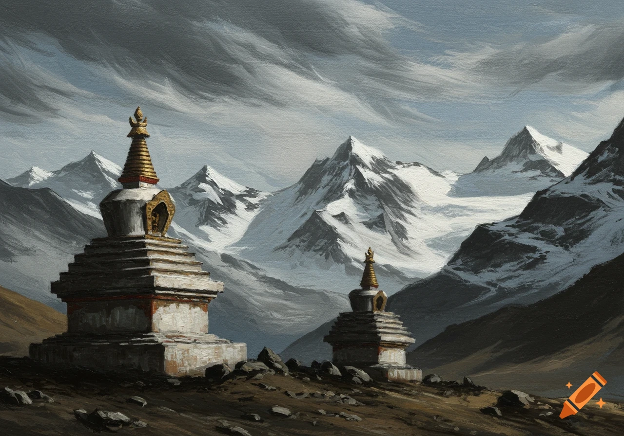 Impressionist oil painting of Buddhist Chortens in a snow-capped mountain range under a cloudy sky.