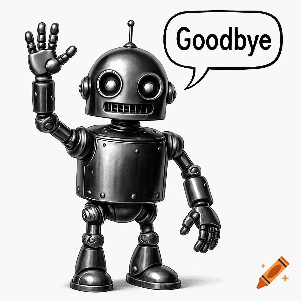 A classic black and white robot waving its arm with a speech bubble saying 'Goodbye' on a white background.