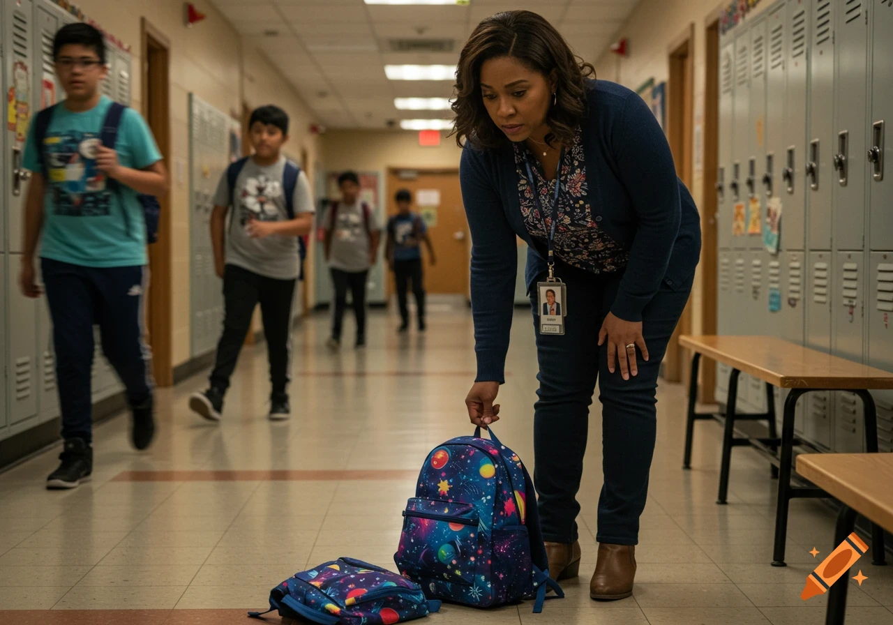 A female teacher in a school hallway bends down to pick up a blue backpack, while students walk in the background.