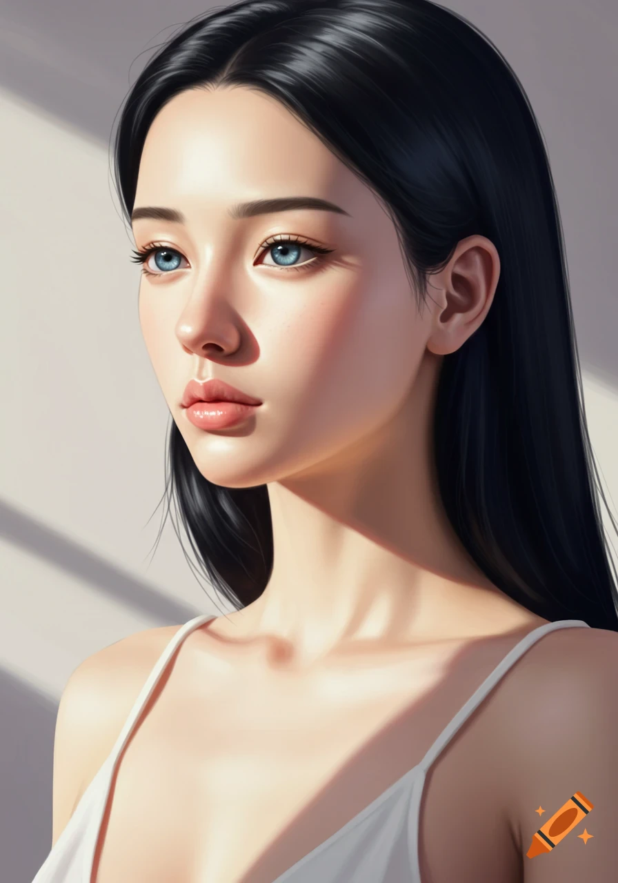 A portrait of a woman with black hair and blue eyes, wearing a white top, with sunlight casting shadows.