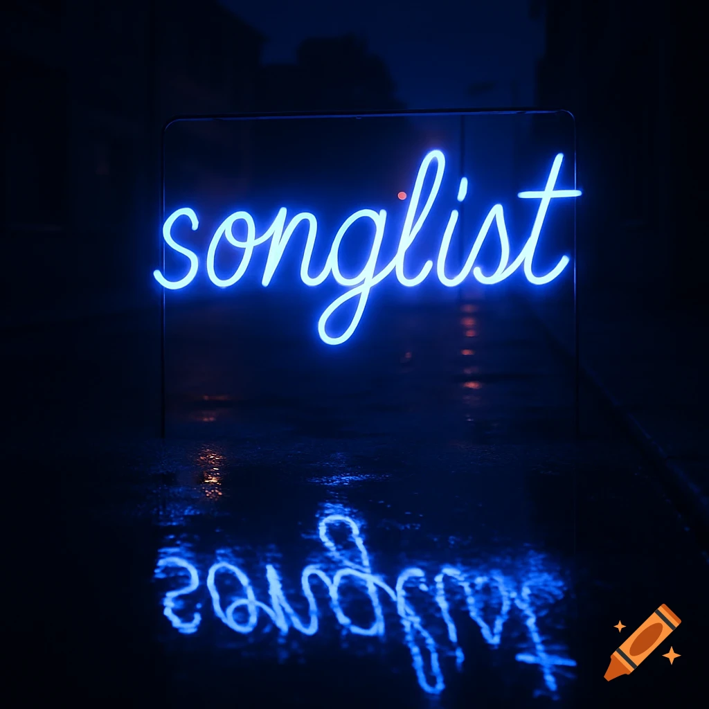 A blue neon sign displaying the word "songlist" in script font, reflected on wet pavement in the dark.
