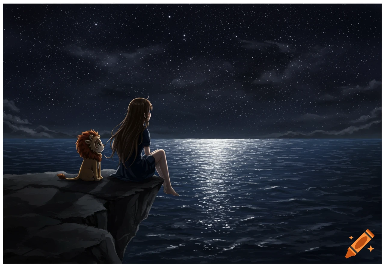 An anime girl and a small lion sit on a cliff overlooking a starlit ocean at night.