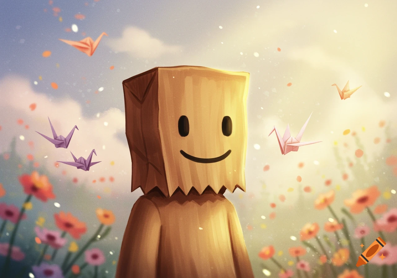A smiling character with a brown paper bag head stands in a field of colorful flowers with origami cranes flying under a dreamy sky.