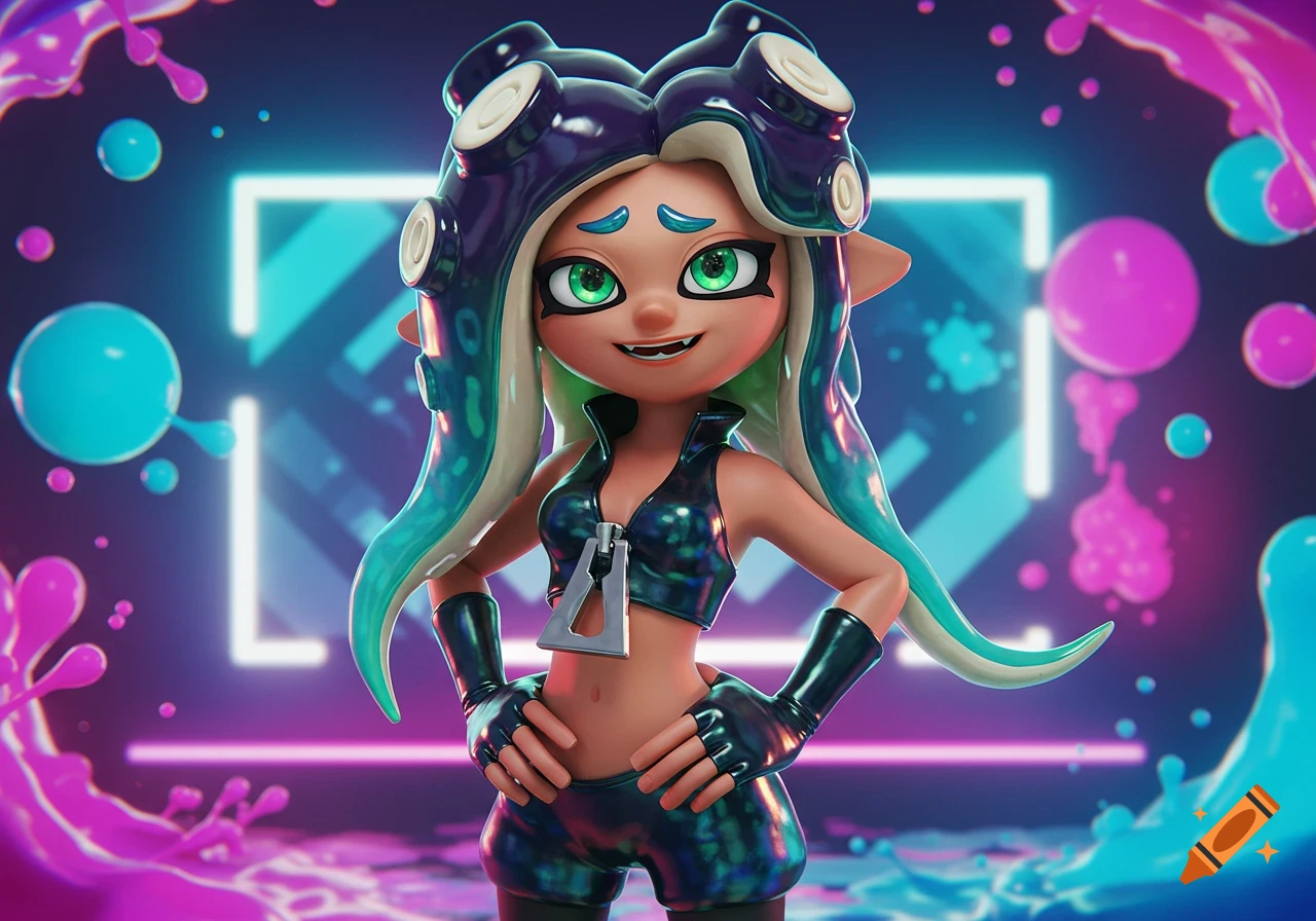 A stylized depiction of Marina from Splatoon in a dark, neon-lit environment with glowing pink and blue ink splatters.