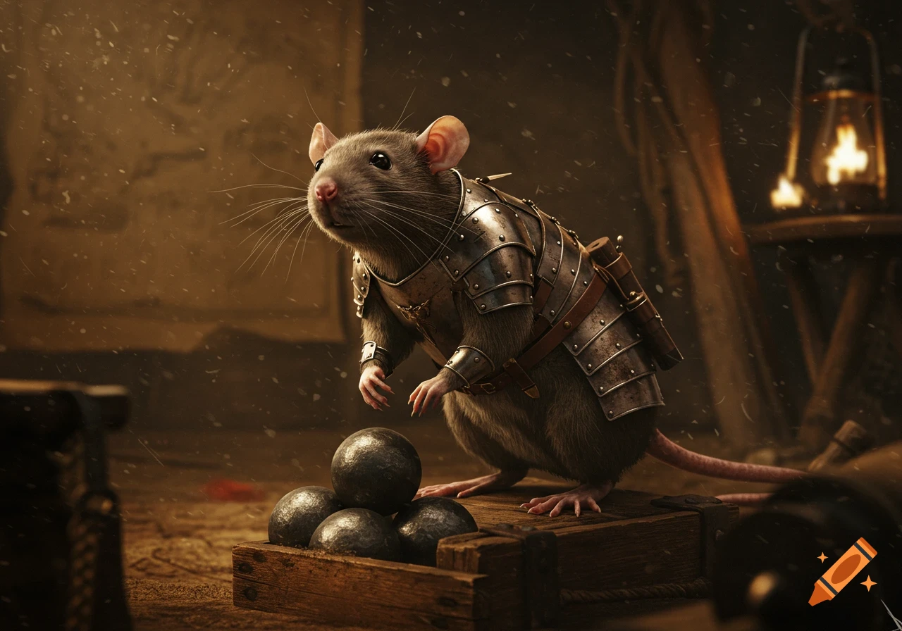 A photorealistic rat in detailed metal armor stands on a wooden crate next to cannonballs in a dimly lit room.
