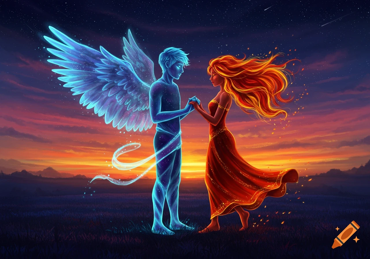 Stylized illustration of a glowing blue ice figure with wings and a fiery red figure holding hands in a field at sunset.