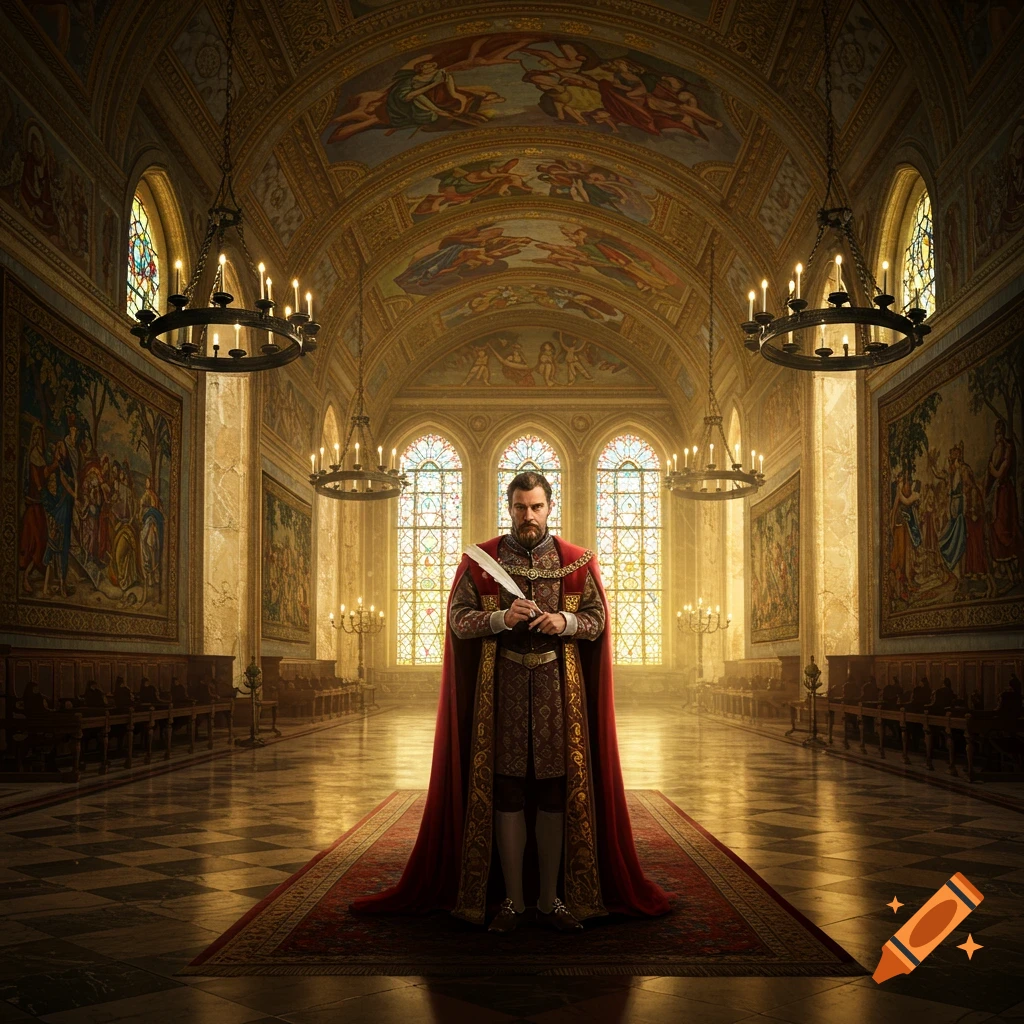 A regal man in historical attire holds a quill in a grand, opulent hall with ornate ceilings, tapestries, and stained-glass windows.