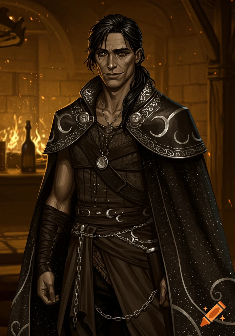 A dark-haired man in ornate, dark fantasy attire with a moon and star cloak, standing in a dimly lit room with fire.