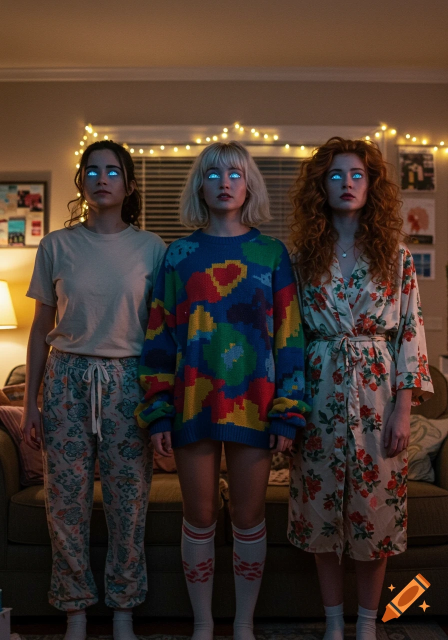Three young women with glowing blue eyes stand in a living room, one in pajamas, one in a colorful sweater, and one in a floral robe.