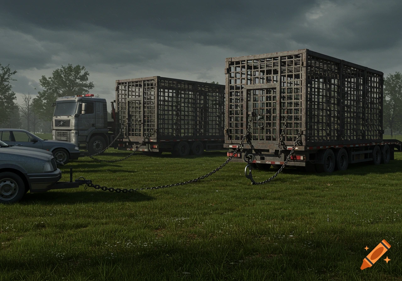 Photorealistic image of two large metal cages on flatbed trailers in a grassy field. Cars with trailer hitches are chained to the cages under a cloudy sky.