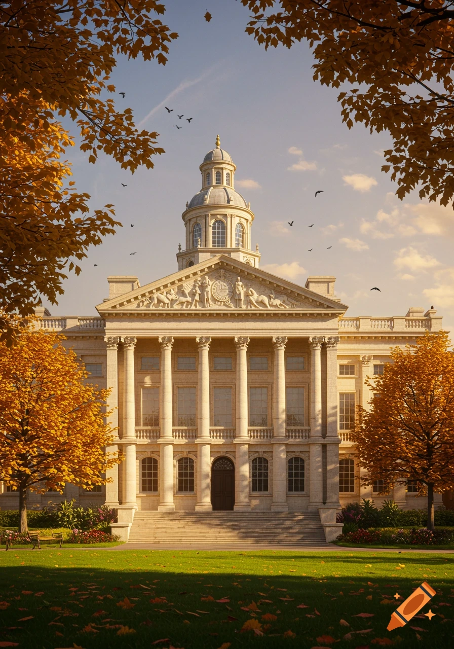 A grand classical building with a dome and pillars, surrounded by golden autumn trees and a green lawn under a bright sky.