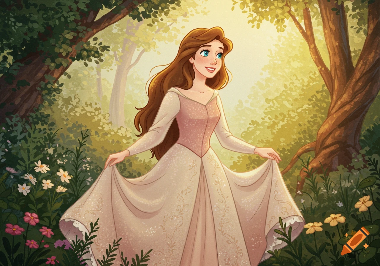 A cartoon Disney-style princess with long brown hair and a white dress stands in a sunlit forest.