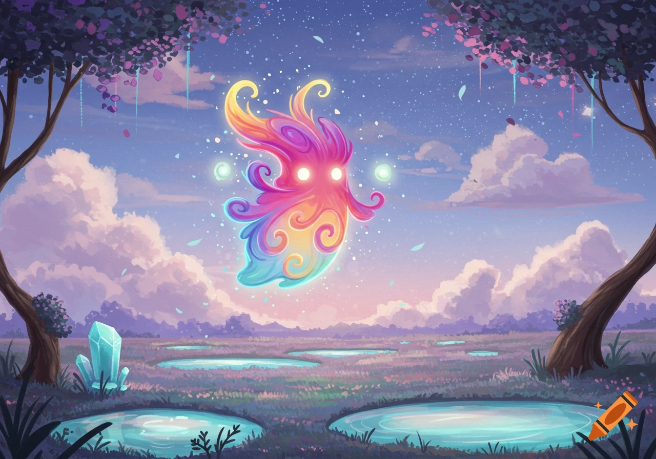 A radiant, colorful fantastical creature floats above a field with glowing puddles and crystals under a starry twilight sky.