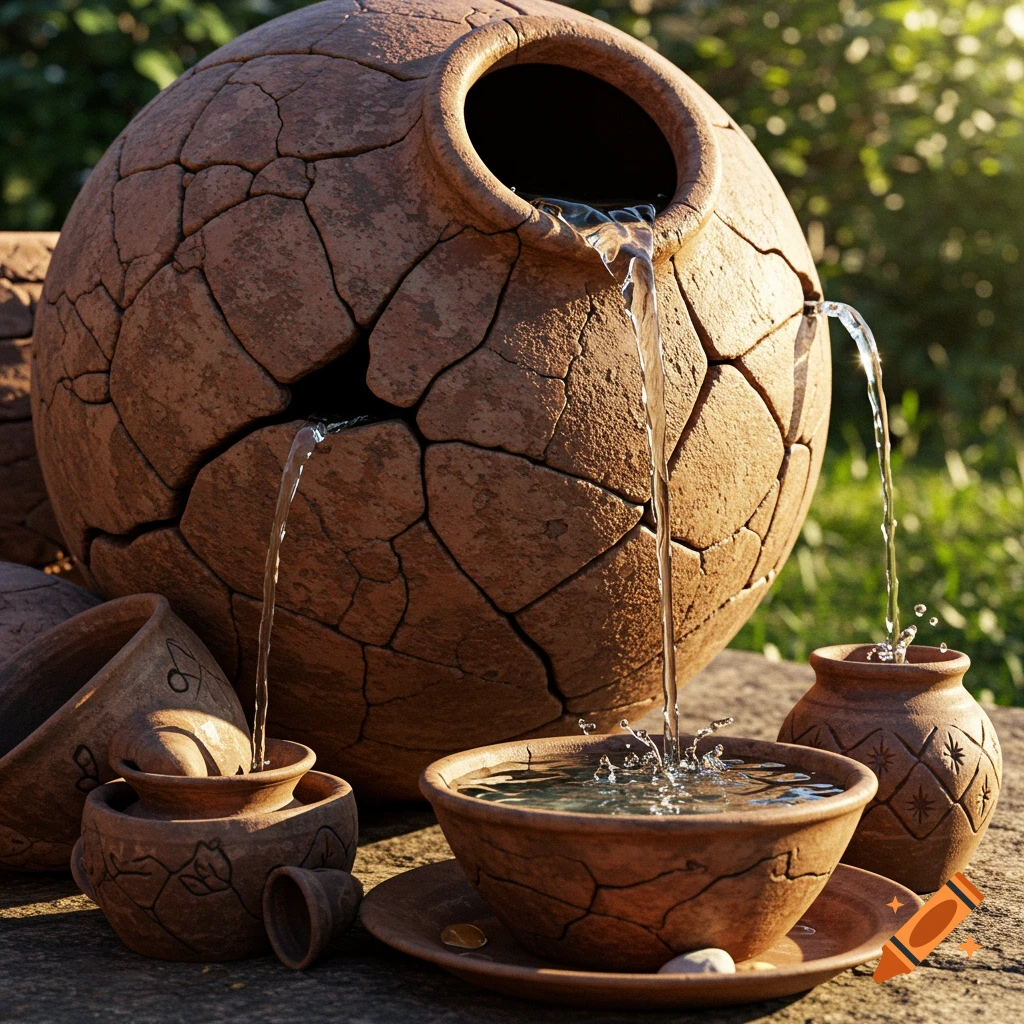 Photorealistic scene of water pouring from a large cracked clay pot into smaller pots and bowls on a stone surface outdoors.
