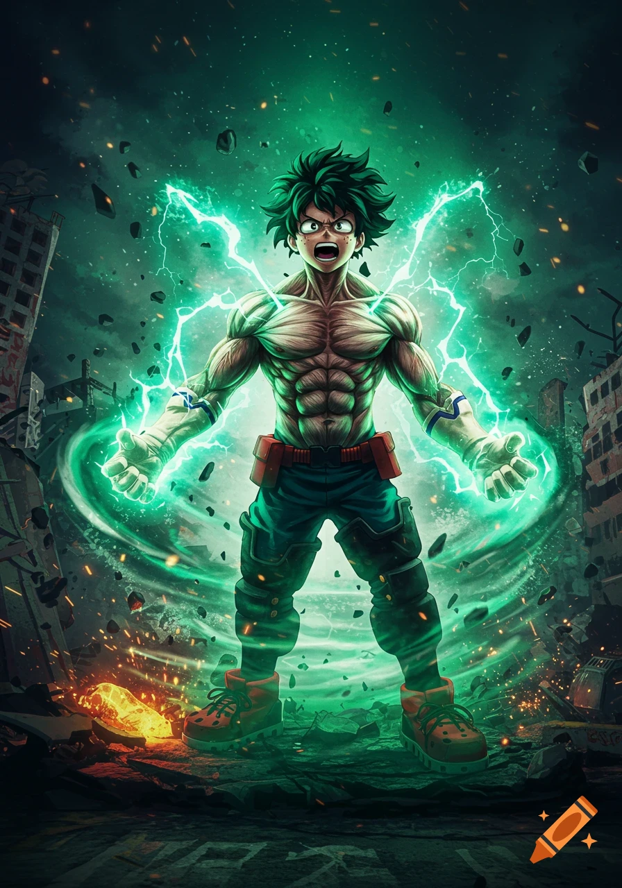 Izuku Midoriya with exaggerated muscles, surrounded by green lightning and debris, in an intense anime style.