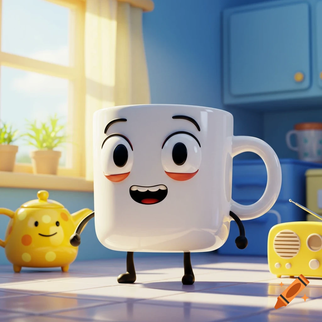 A 3D cartoon white mug character with a happy face and black limbs stands in a sunny kitchen with a yellow teapot character in the background.