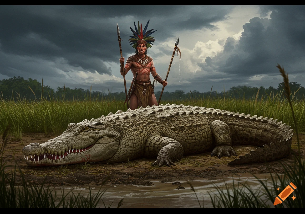 A warrior with a feathered headdress stands triumphantly behind a large defeated crocodile in a grassy wetland under a cloudy sky.