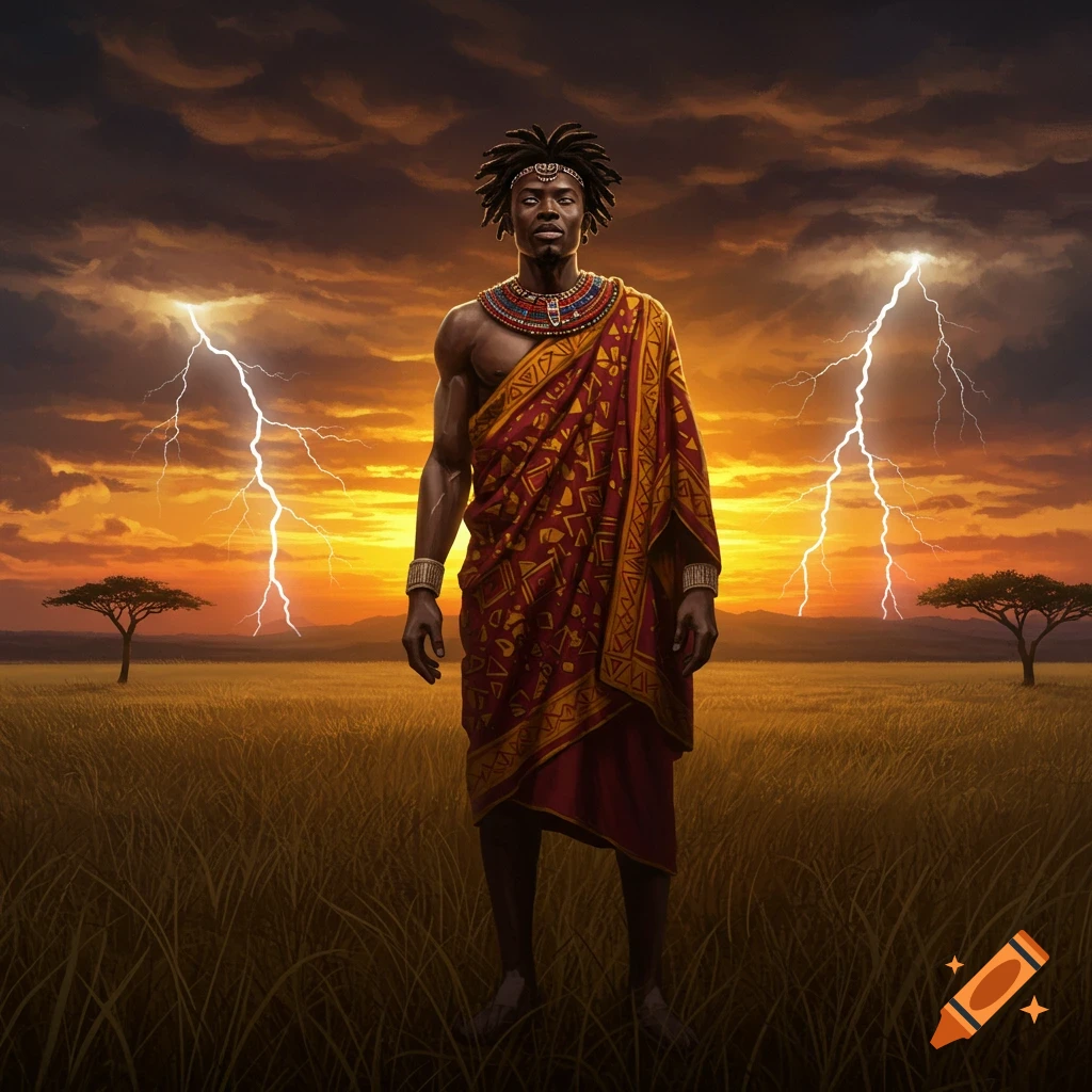 A powerful African man in traditional attire stands in a savanna with lightning in the stormy sky.