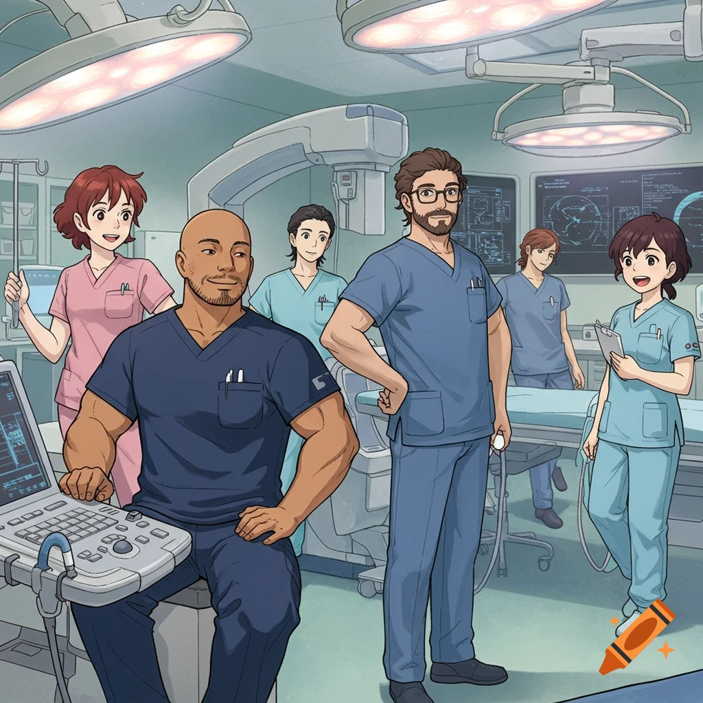 Animated doctors in scrubs, in a Ghibli style, standing in a radiology department filled with medical equipment.