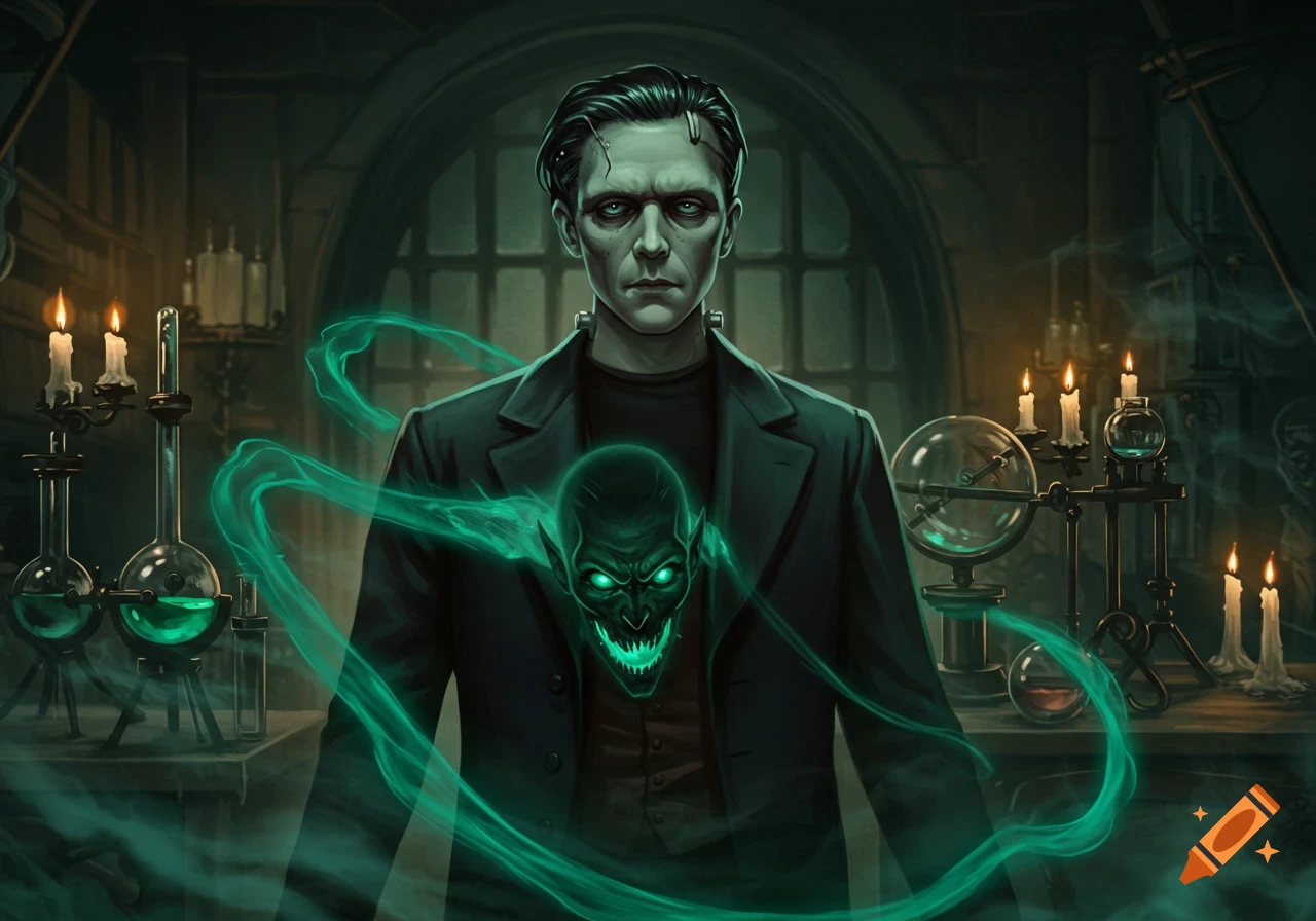 A Frankenstein-like figure in a dark laboratory with a glowing green demon head emerging from his chest.