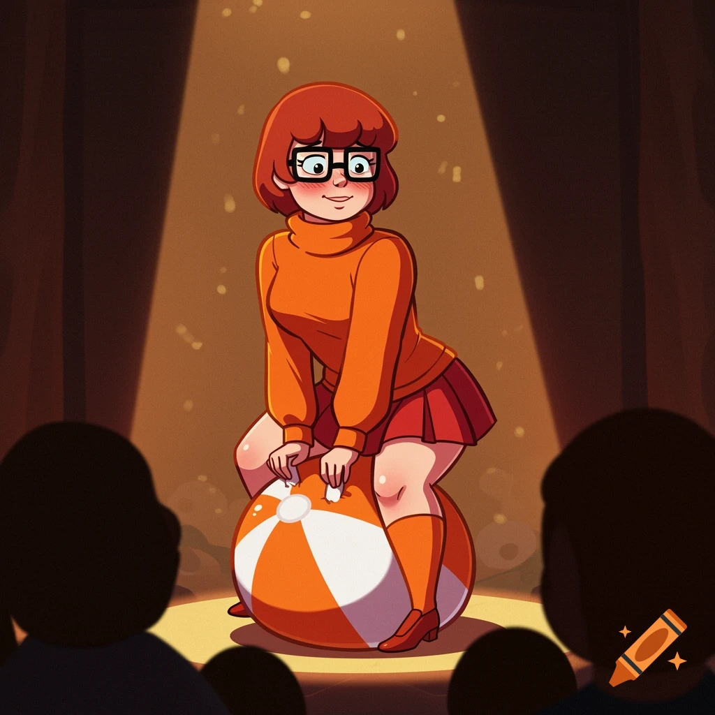 2D cartoon of Velma Dinkley balancing on an orange and white beach ball on a spotlighted stage, looking happy and slightly embarrassed.