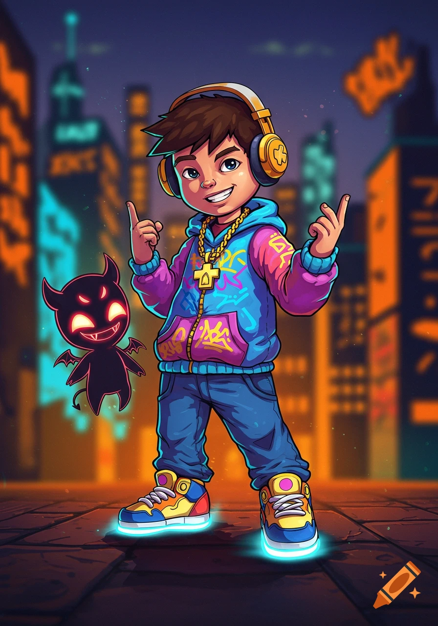 A cartoon boy in a colorful hoodie, headphones, and chain stands next to a glowing red demon, in a vibrant urban setting.
