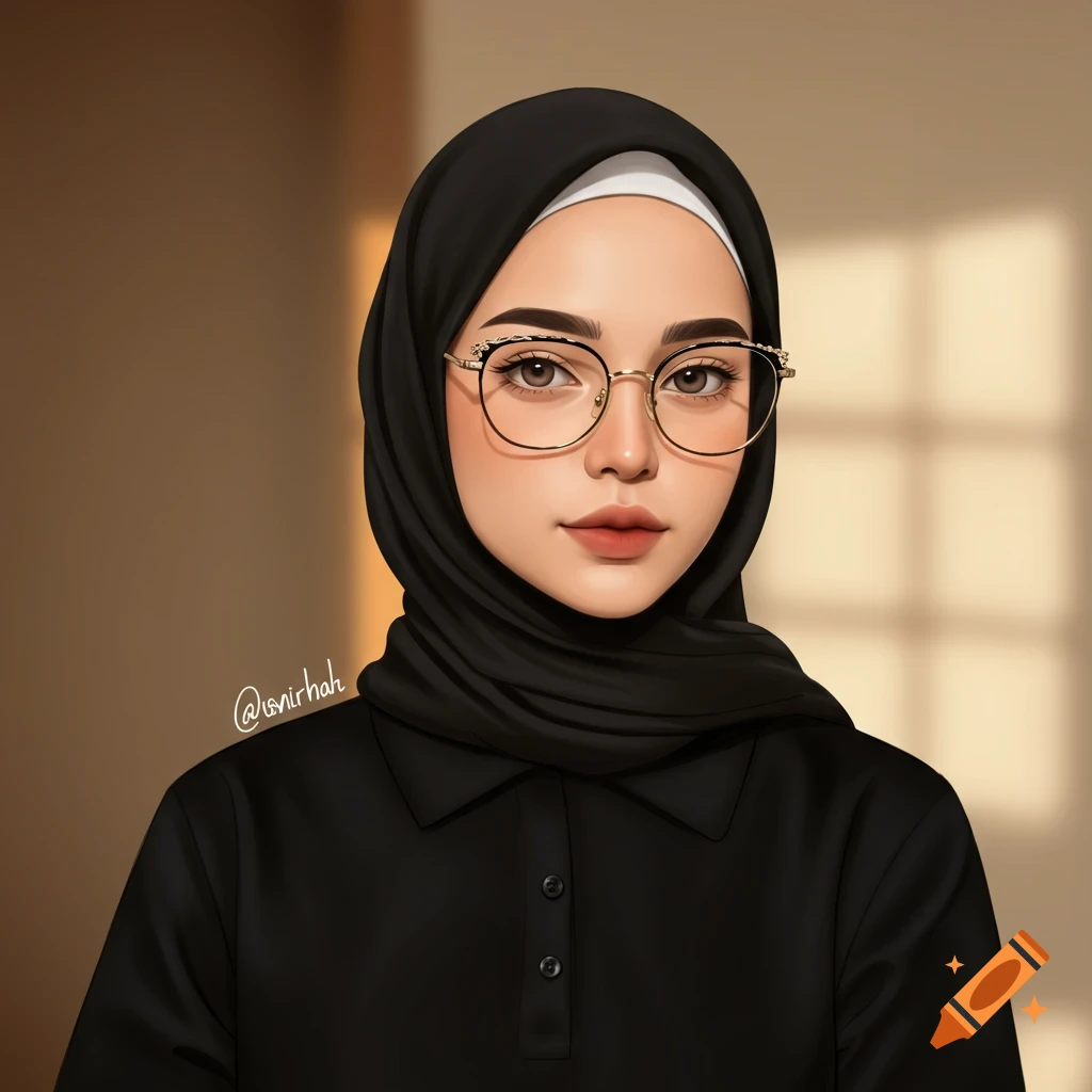 A digital illustration of a young woman wearing a black hijab, black polo shirt, and gold-rimmed glasses, looking forward.