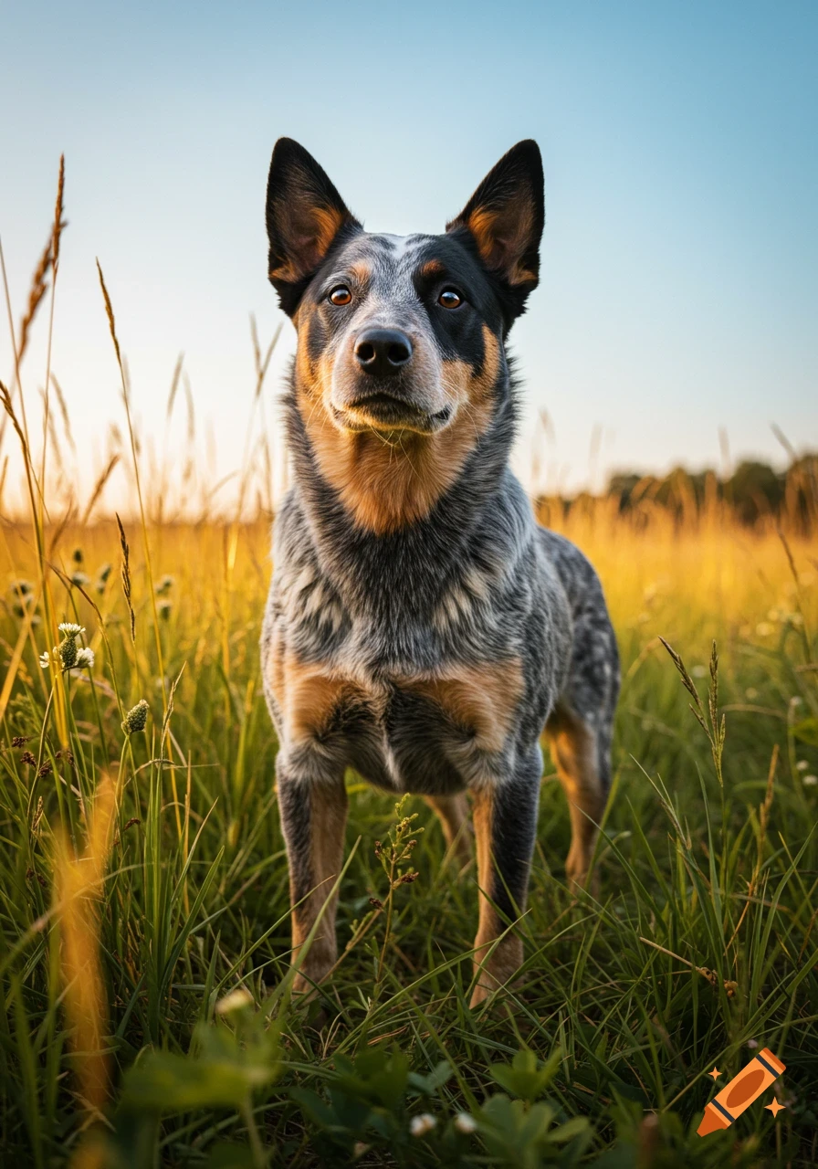 A photorealistic Australian Cattle Dog stands in a field of tall golden grass.
