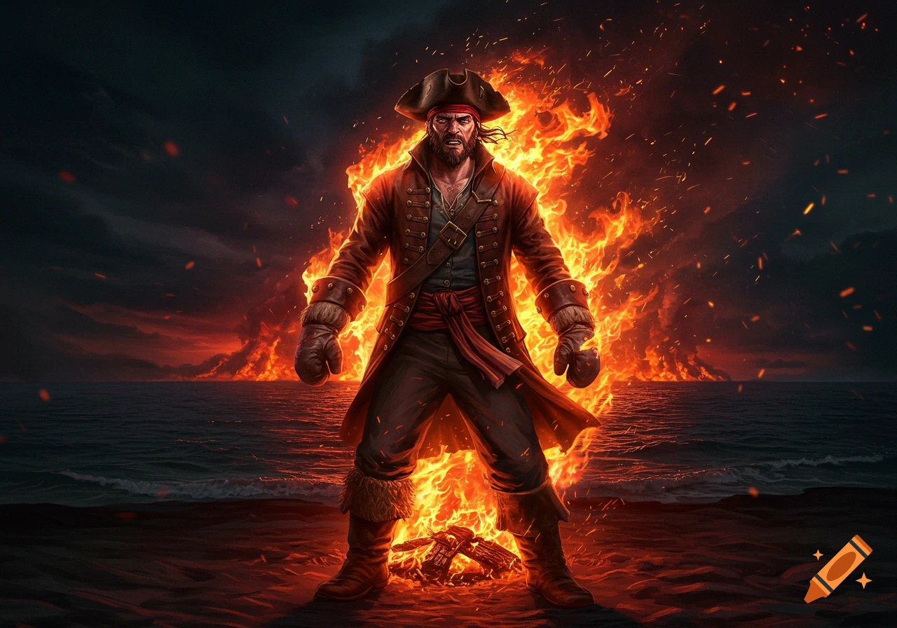 A bearded pirate in a hat and coat stands engulfed in flames on a dark, stormy beach with the ocean behind him.