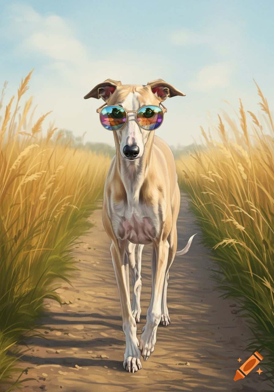 A whippet dog wearing colorful sunglasses walks on a dirt path through a field of tall golden grass.