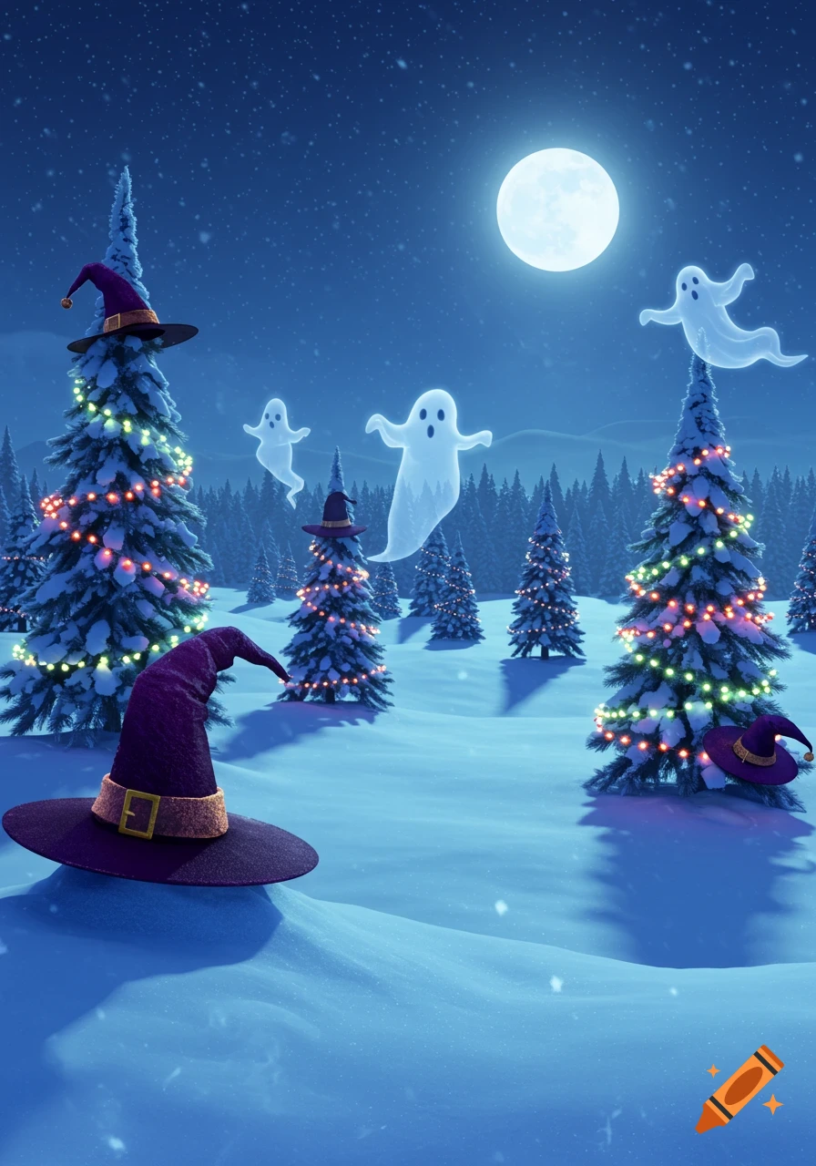 A whimsical winter night scene with snow-covered Christmas trees adorned with lights, floating white ghosts, and witch hats under a full moon.