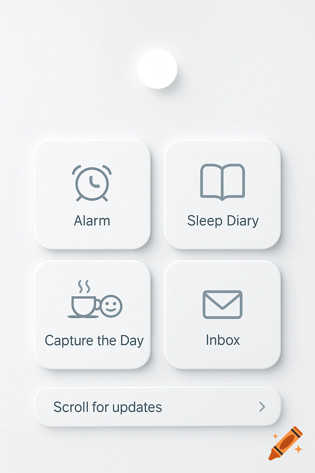 A minimalist, clean white mobile app interface with buttons for "Alarm", "Sleep Diary", "Capture the Day", and "Inbox", along with a "Scroll for updates" bar at the bottom.