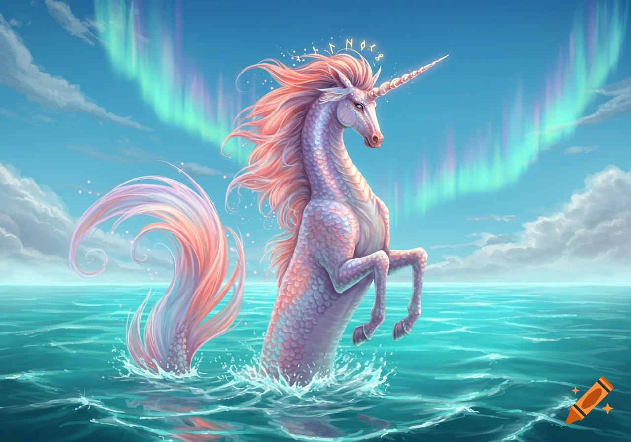 A majestic mermicorn with pink mane and tail emerges from turquoise water under a sky with aurora borealis, in a fantastical style.