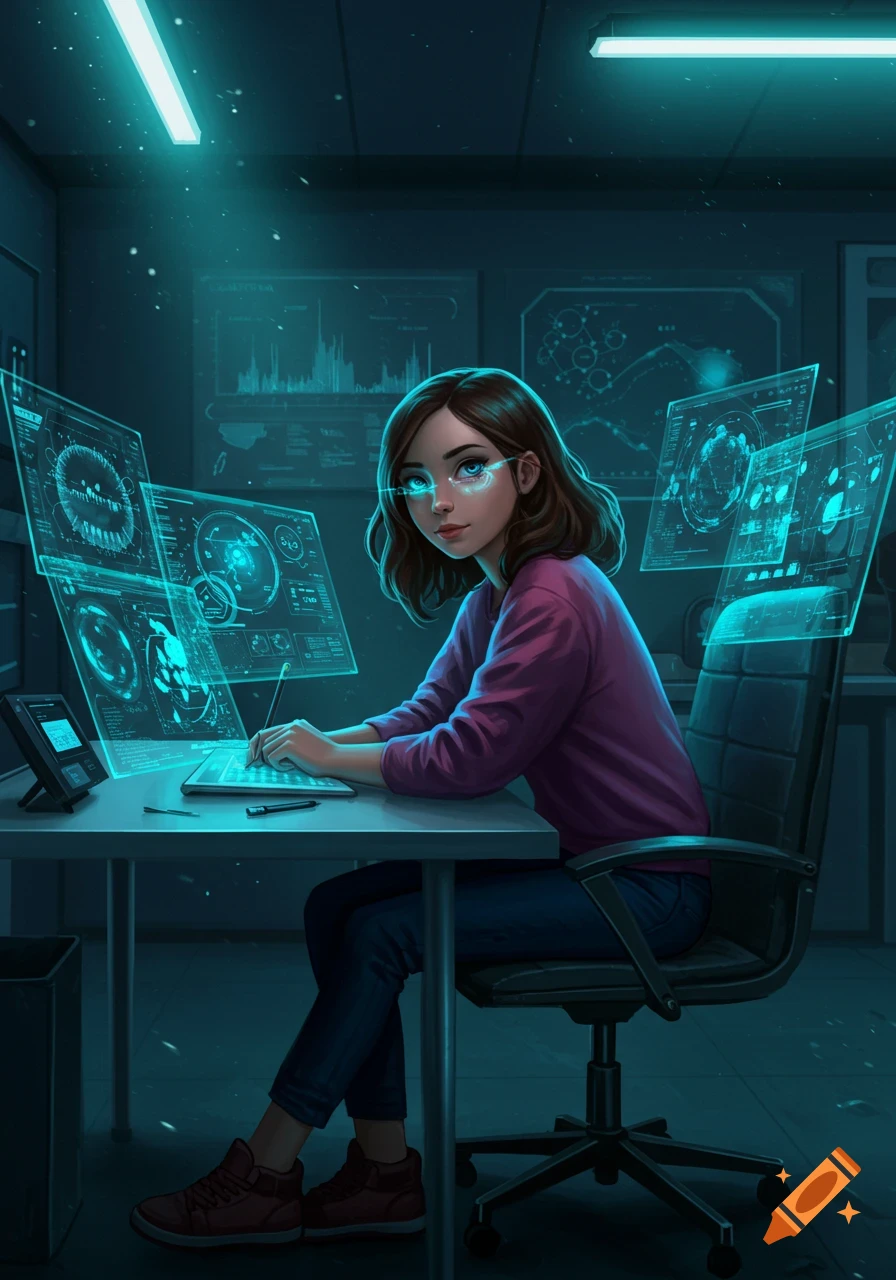 Digital art of a young woman with glowing glasses working at a desk surrounded by holographic computer screens in a dark, futuristic room.