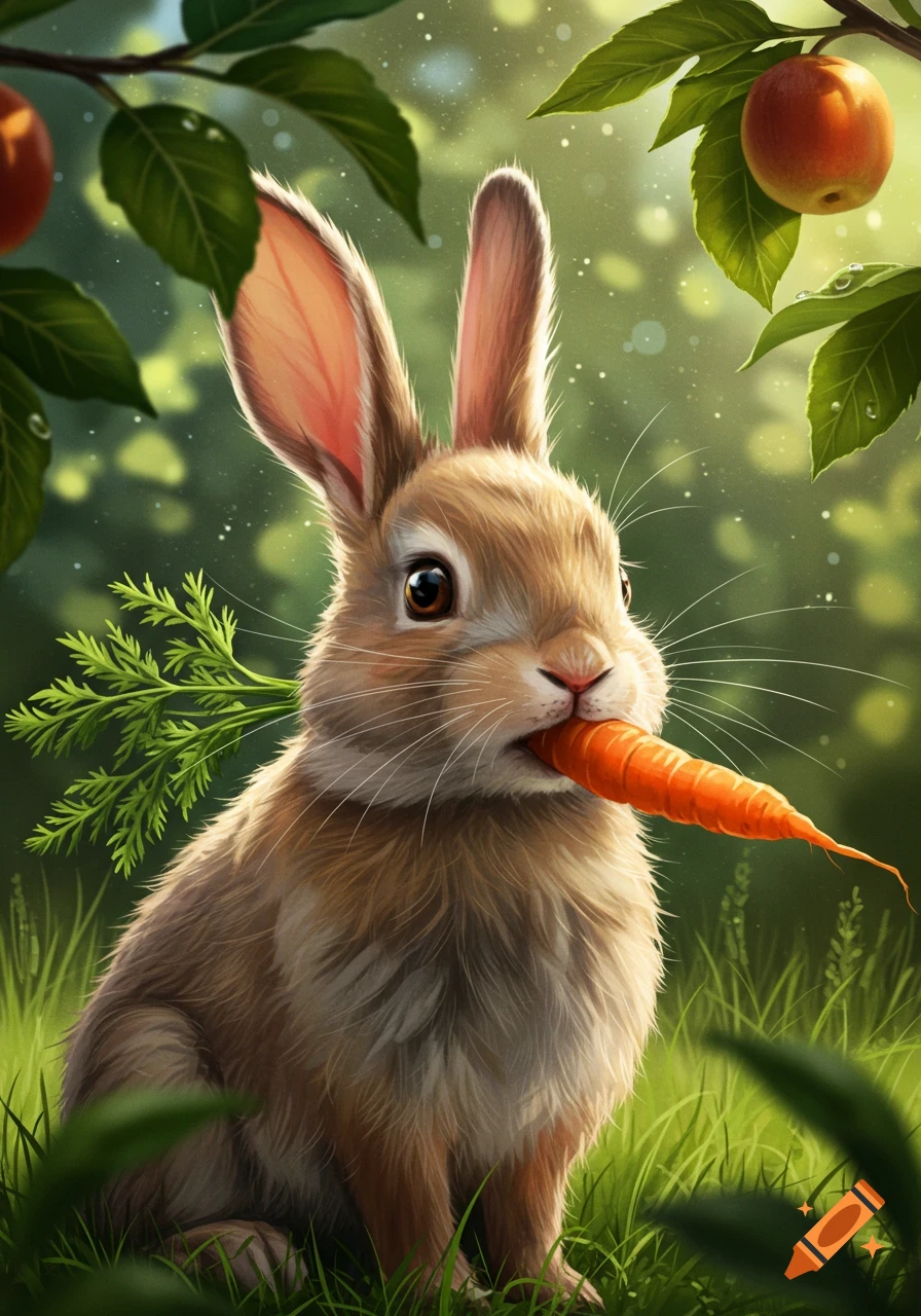 A cute fluffy brown rabbit sits in green grass with a carrot in its mouth, surrounded by blurred leaves and apples.