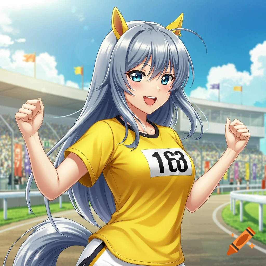 An anime horse girl with grey hair and yellow ears, wearing a yellow shirt with '163', smiling and celebrating at a race track.