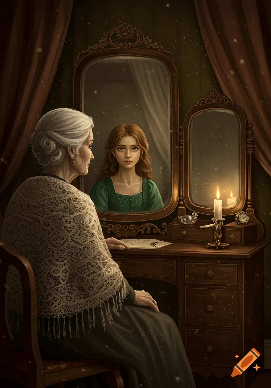 An old woman with white hair wearing a lace shawl looks into an ornate mirror, seeing her younger self with red hair. A lit candle sits on the desk beside her.