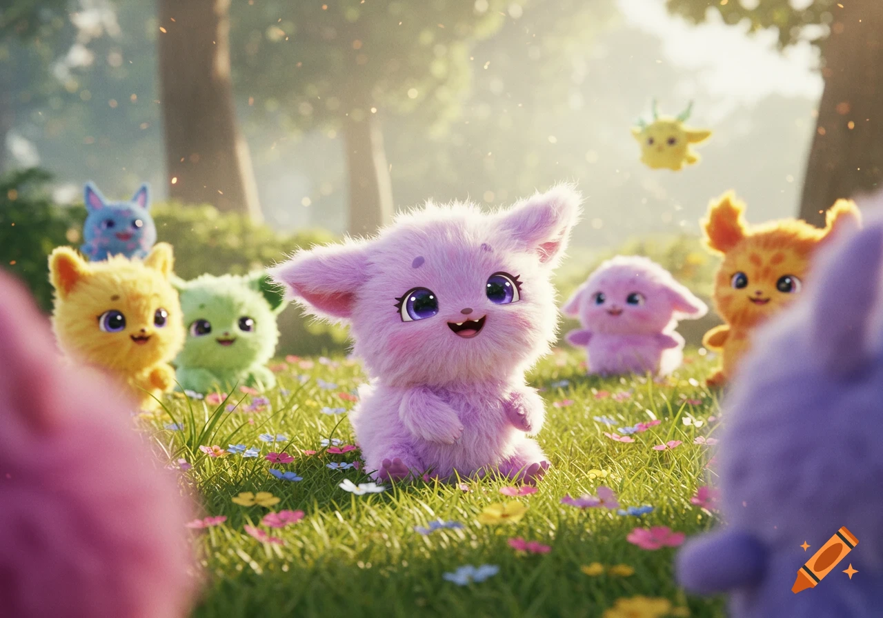 A group of colorful, fluffy, cute fantasy creatures with big eyes in a sunny, flower-filled grassy field.