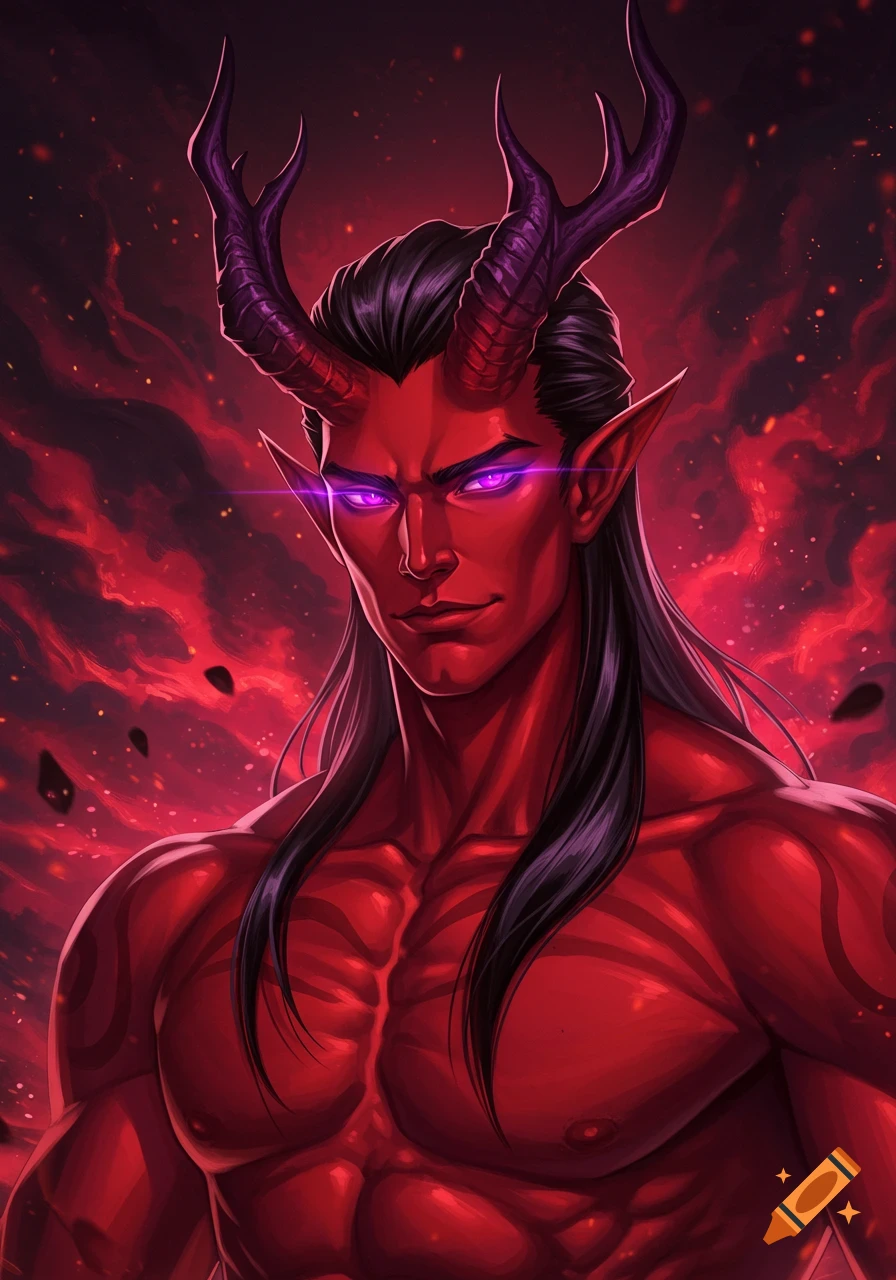 A muscular red-skinned demon with purple glowing eyes, purple horns, and long black hair, against a fiery red background in an anime style.