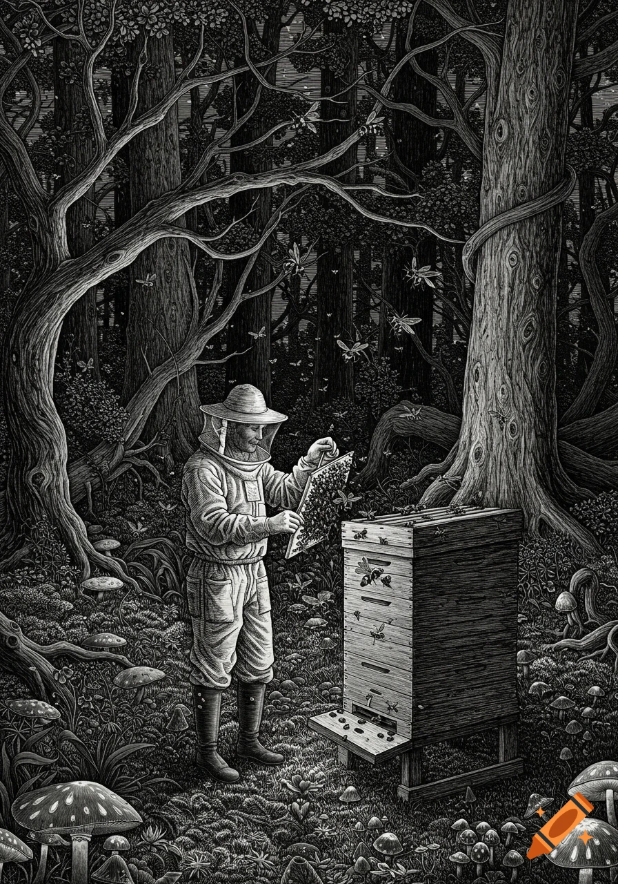 A beekeeper in a suit inspects a beehive in an enchanting, dark forest at night, in a black and white engraving style.