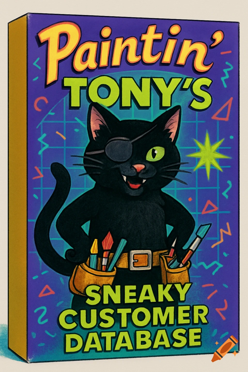A retro 90s style software box for "Paintin' Tony's Sneaky Customer Database" featuring a black cat mascot with an eye patch and tool belt.