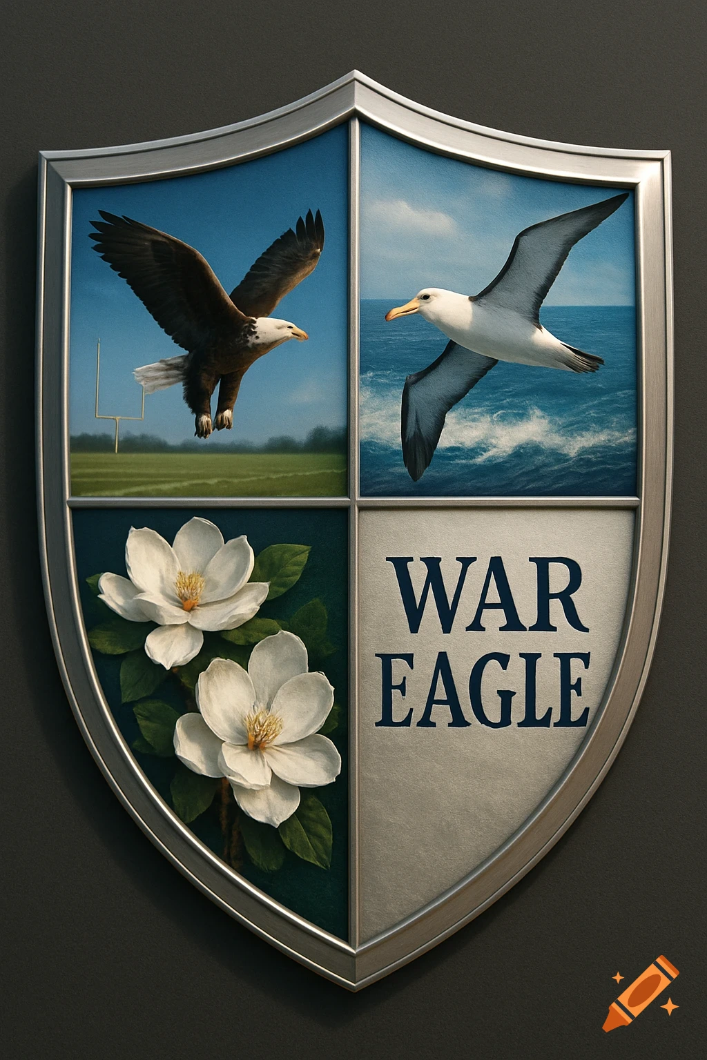 A quad-parted shield featuring a bald eagle over a football field, an albatross over the ocean, white magnolias, and 'WAR EAGLE' text.