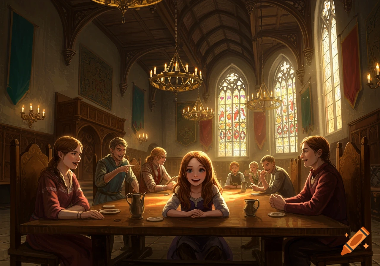 A young girl and her friends talk around a table in a grand medieval hall with chandeliers and stained glass windows, in an illustration.