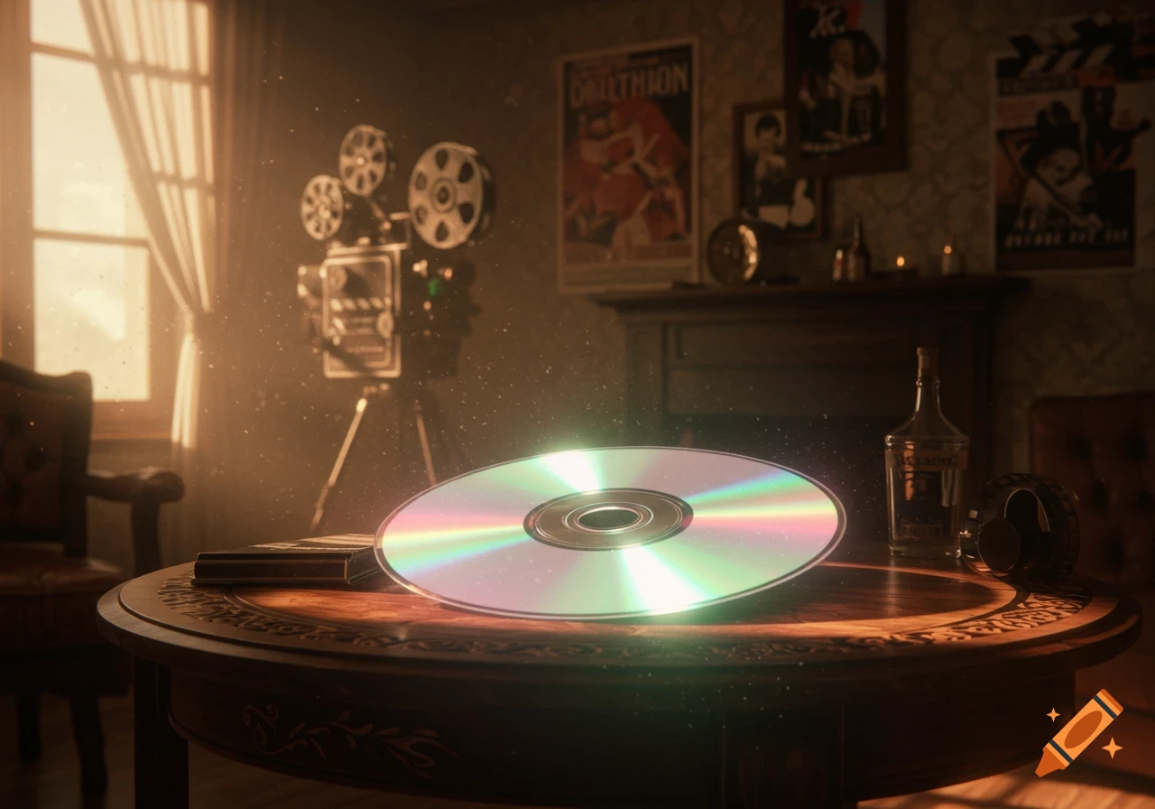 A glowing CD on a wooden table in a dimly lit room with a vintage film projector and movie posters, bathed in cinematic light.