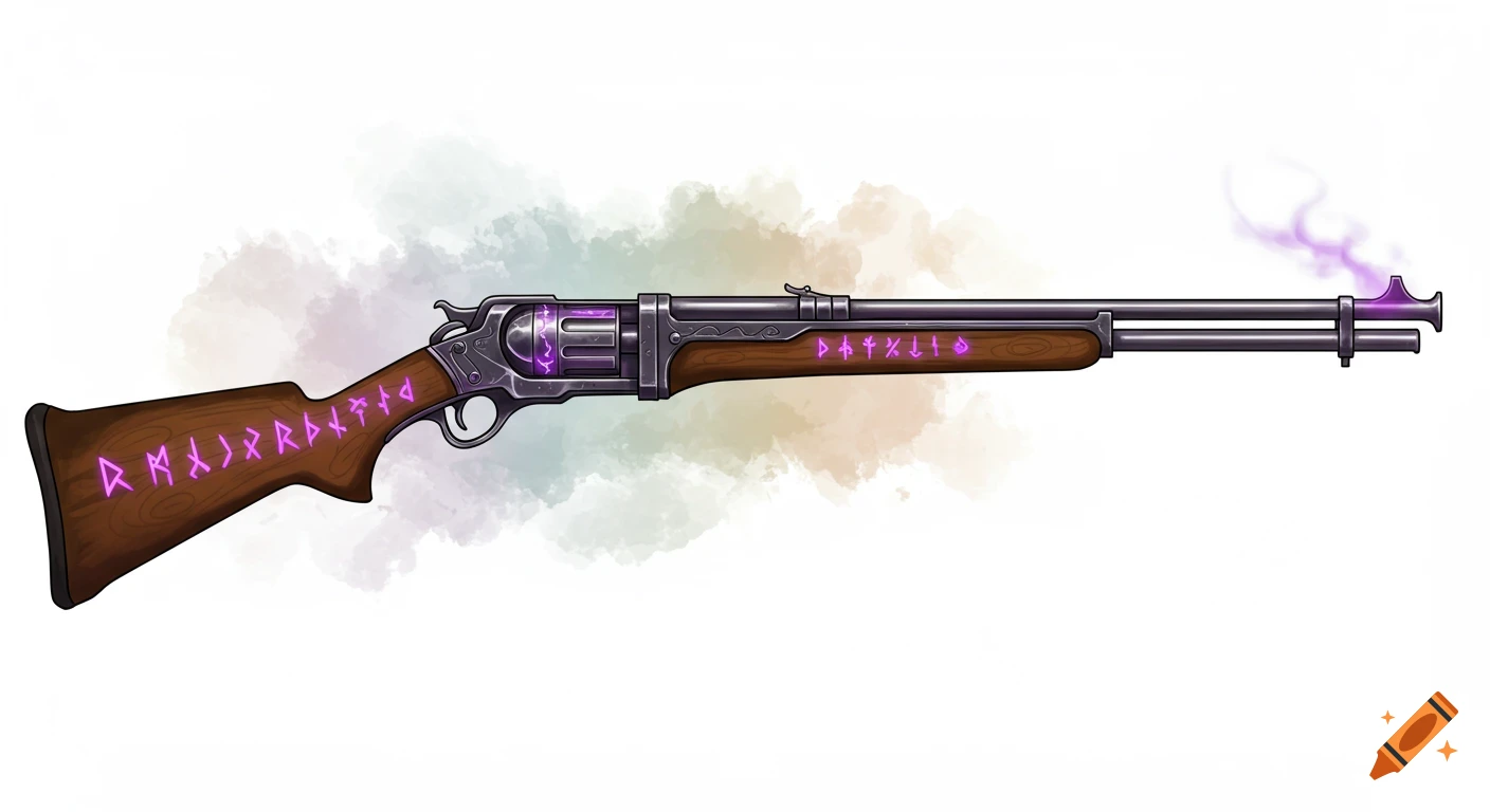 A semi-realistic digital painting of a magic bolt-action rifle with glowing purple runes and a purple muzzle glow.