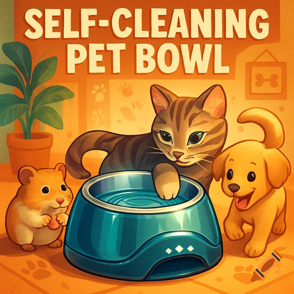 A cartoon illustration of a tabby cat, a golden retriever puppy, and a hamster gathered around a blue self-cleaning pet bowl. Text above reads "SELF-CLEANING PET BOWL."