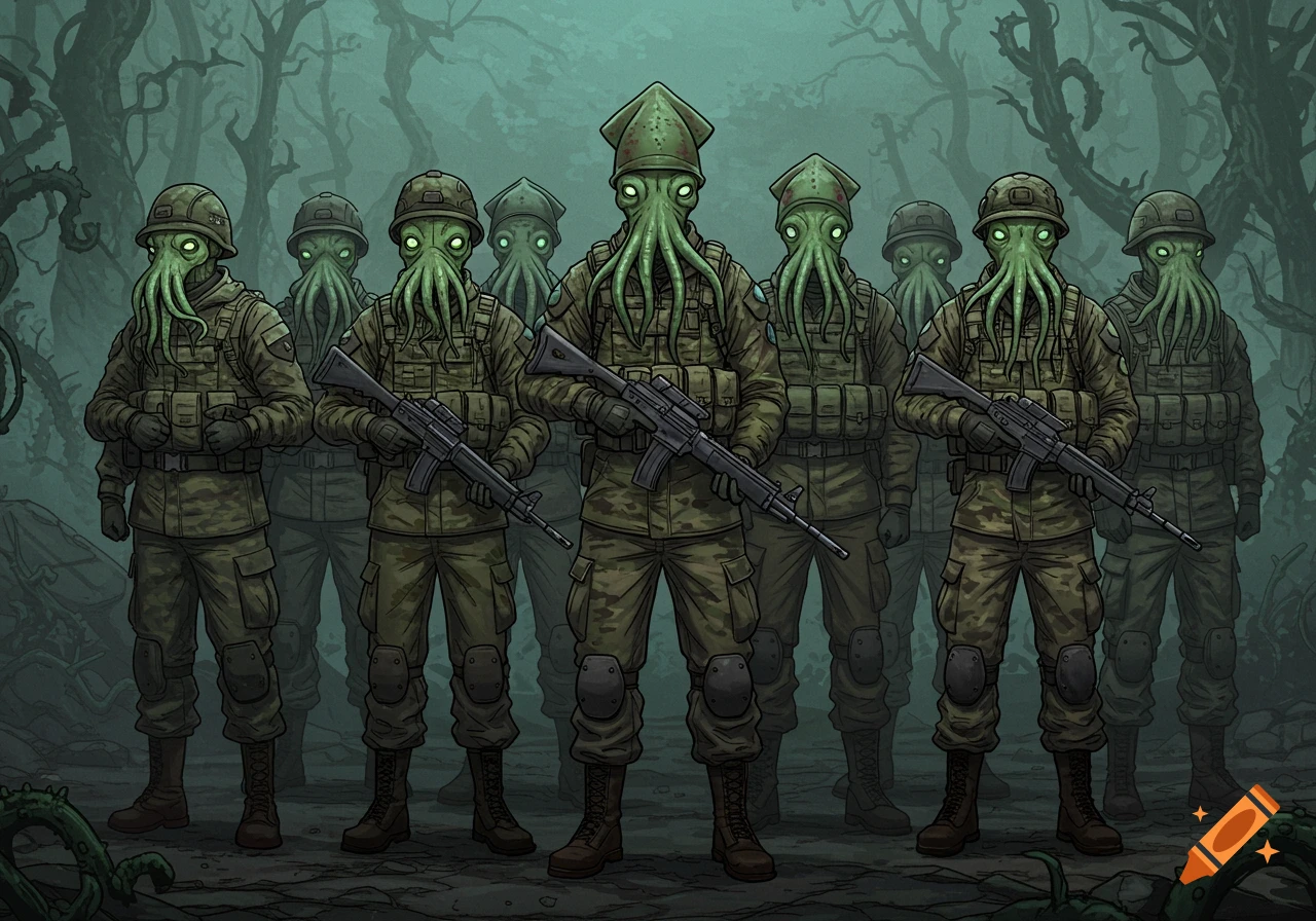 Cell-shaded illustration of several squid-faced soldiers in military camouflage uniforms standing in a misty, gnarled forest, holding rifles.
